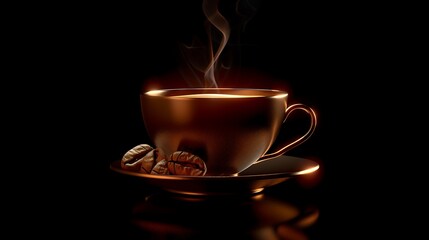 A steaming cup of coffee with coffee beans on a saucer, creating a cozy and inviting atmosphere.