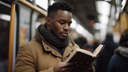 In a packed train, a young man finds solace in reading a book, displaying focus amid chaos