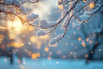 snow-covered tree branch in a winter forest against the backdrop of sunset or sunrise. 