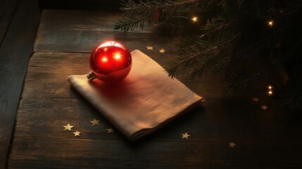 A red Christmas ornament resting on a beige cloth with golden stars and a pine branch in the background.