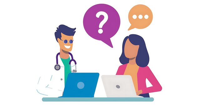 A doctor and a patient engage in a conversation using laptops, symbolizing telemedicine or online consultations.