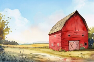 Obraz premium A rustic red barn situated in a green field with wildflowers and a blue sky