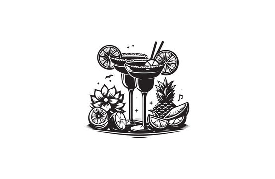 black and white margarita cocktails with fruit clip art preview