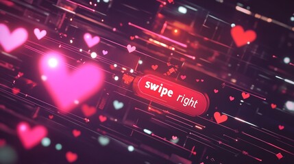 Glowing hearts and "Swipe Right" button in digital space.