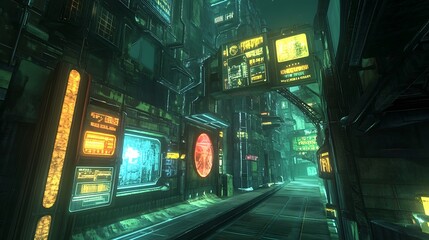 Obraz premium Futuristic city alleyway at night, glowing neon signs, digital displays, cyberpunk aesthetic.