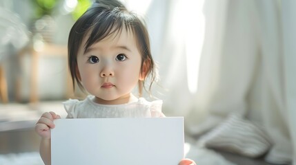 A cute child holding a blank sign in a bright, cozy setting, evoking innocence and curiosity.