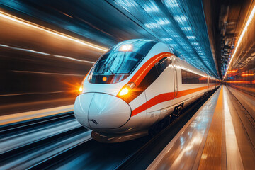 Fototapeta premium A modern high-speed train moving through a tunnel at high speed. Its sleek white body is decorated with red and black stripes, which emphasizes the dynamism and stylishness of the design. 