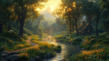 Obraz premium A magical forest landscape with soft sunlight filtering through the foliage creates an atmosphere of coziness and silence.