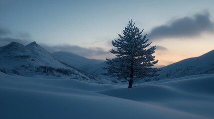 Lone Tree Stands in Snowy Mountain Valley Sunset