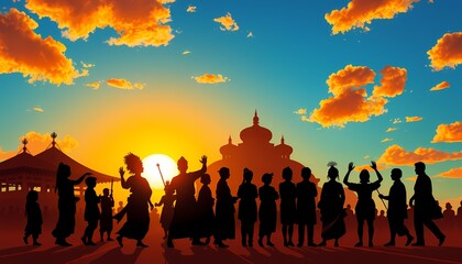 Fototapeta premium Silhouette of Diverse People at Sunset