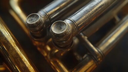 Obraz premium Polished Trumpet Valve Reflecting Light in Moody Club