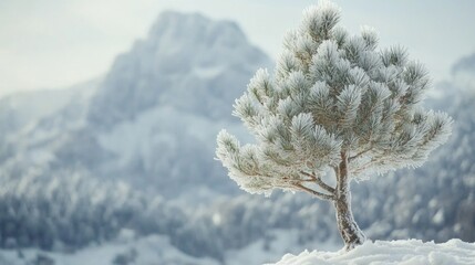 Frosty Pine Tree Against Snowy Mountain Background