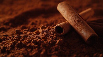 Two cinnamon sticks resting on a bed of cocoa powder.