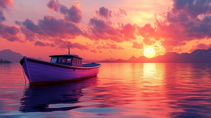 Fototapeta premium Fishing boat on calm ocean at sunset with colorful sky
