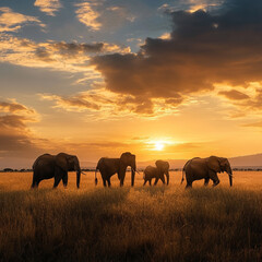 Fototapeta premium Elephants walking in silhouette during sunset in savanna landscape