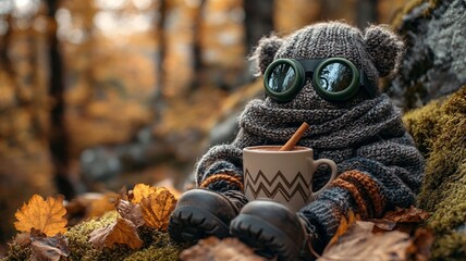 Stuffed toy bear in goggles enjoying tea outdoors during autumn
