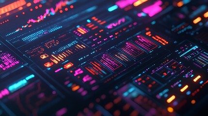 Obraz premium Digital financial dashboard overlaid with glowing business icons
