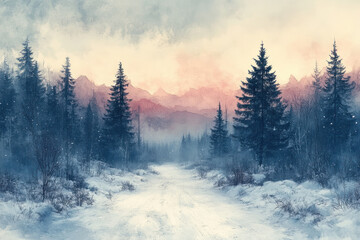 Naklejka premium winter forest landscape at sunrise or sunset. 