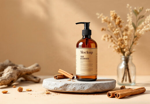 Elegant Bottle Mockup with Natural Elements for Skincare Branding with Generative AI