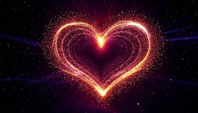 Glowing heart shape with sparkling particles in cosmic background  Sale promotion advertising for happy newyear, valentine