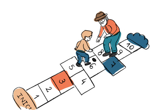 Boy and grandfather playing hopscotch. Ni&ntilde;o y abuelo jugando a la rayuela.