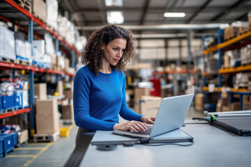 Focused woman working on laptop in large warehouse filled with organized shelves and packages.