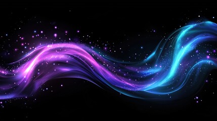 A vibrant abstract wave design with purple and blue colors on a black background.