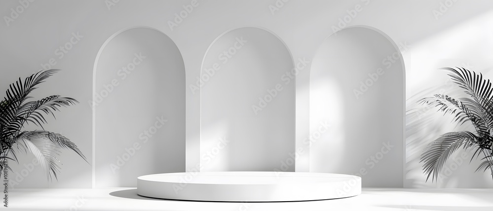 Aufkleber Modern Minimalist Studio with Curved Archways and Round Platform Surrounded by Tropical Greenery for Elegant Presentation and Display