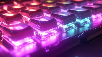 Close-up of vibrant, illuminated keyboard keys with a glowing effect.