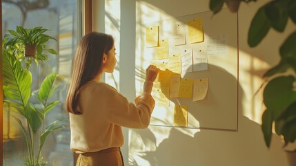 A young Asian woman places colorful motivational sticky notes on board. Warm sunlight, hopeful and determined expression. The positivity and self-growth. Motivation, planning and goals