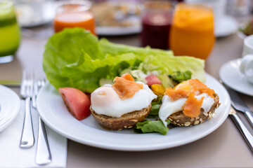 Start Your Day Right: Delicious Breakfast with Eggs, Fresh Veggies, and Juices