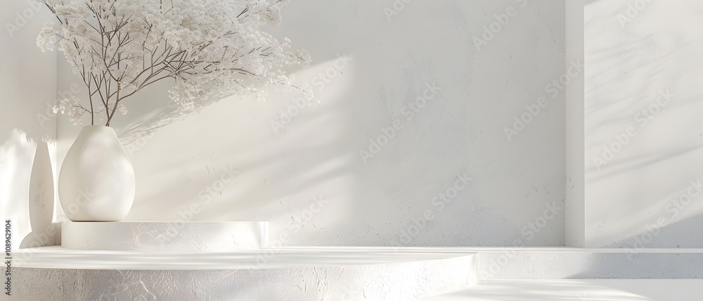 Poster bright and minimalist interior scene featuring elegant white vase and branches in a soft sunlit envi