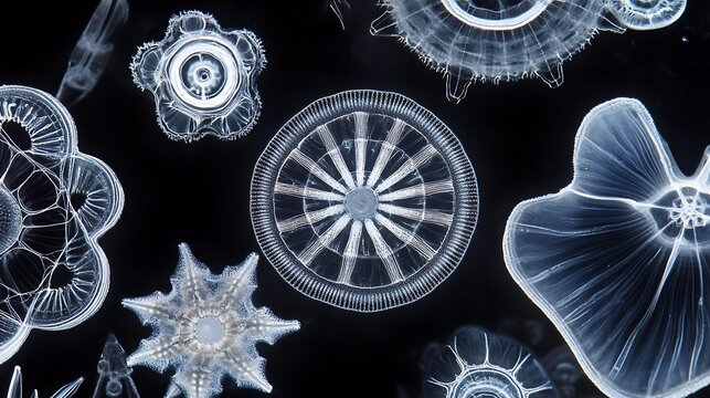 Microscopic marine life, intricate, translucent diatoms and radiolarians against black background.