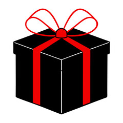 Sleek black gift box with a vibrant red bow on a white background