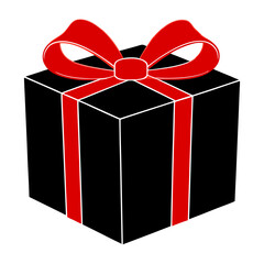 Sleek black gift box with a vibrant red bow on a white background