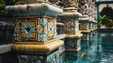 Fototapeta premium Decorative tiles and detailed carvings edge the holy water pool, reflecting artistic craftsmanship