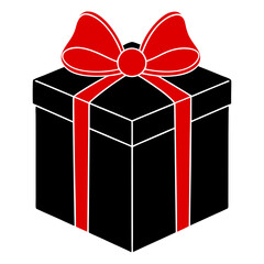 Sleek black gift box with a vibrant red bow on a white background