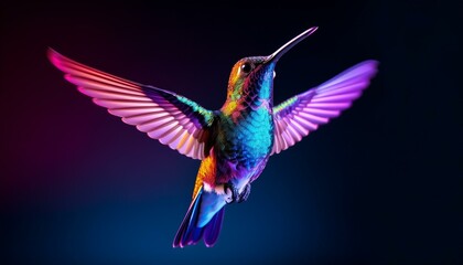 Obraz premium Neon Wings: A Vibrant Hummingbird in Flight Against a Dark, Electric Backdrop