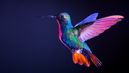 Fototapeta premium Neon Wings: A Vibrant Hummingbird in Flight Against a Dark, Electric Backdrop