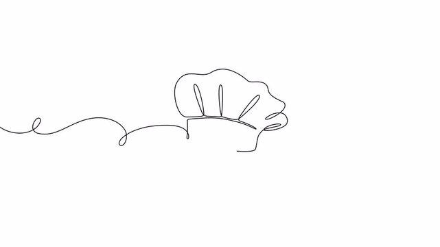 Video. Animation of a single continuous line of a chef's hat . Symbol of cafe , cooking in a simple one line style. Animation on white background. 4K.