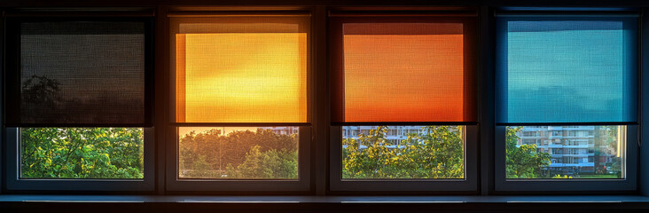 beautiful sunset view through colorful window shades, showcasing vibrant orange, yellow, and blue hues against backdrop of greenery. scene evokes sense of tranquility and warmth