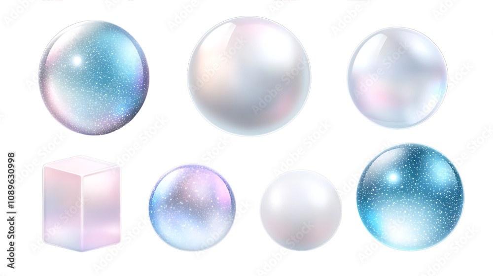 Aufkleber shimmering crystal orbs and geometric shapes digital art abstract vibrant colors close-up view visua