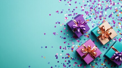 Violet, teal, and gold presents on teal background.