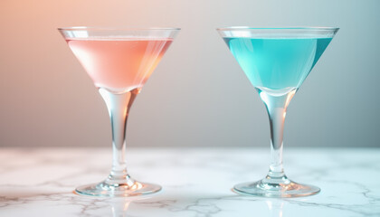 Stylish presentation of pink and blue cocktails for a Valentine's Day celebration, emphasizing sophistication and elegance in a party setting.