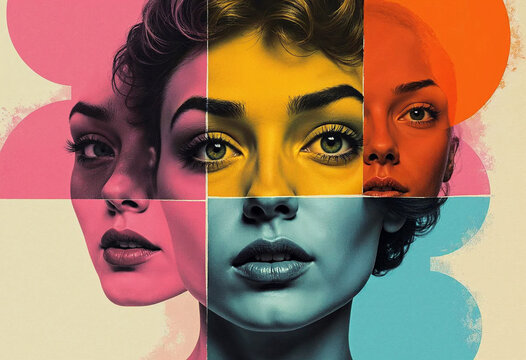 Brunette Woman with Curly Bob Hair Squares and Rectangles Geometric Fusion Collage