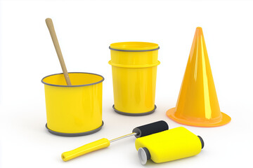 Painting Tools for Renovation: Roller, Paint Can, and Traffic Cones with Yellow Paint.