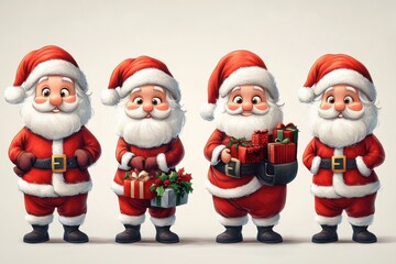 Fototapeta premium Cute illustration of Santa Claus characters celebrating the holiday season with gifts and cheerful expressions. Generative AI