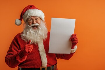 Naklejka premium Santa holding blank paper and smiling with joy against an orange background during the festive holiday season. Generative AI