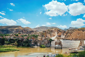 Hasankeyf village. View of the ruins of the Old Bridge from the Castle on the Tigris River. Batman, Turkey.