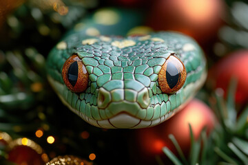 Fototapeta premium A close-up of a green snake with expressive bright eyes, surrounded by New Year's decorations. 